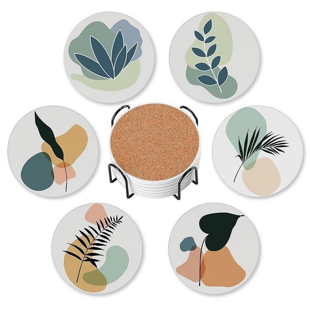 Coasters for Drinks Absorbent with Holder,Boho Abstract Leaves Sets of 6 Durable Cup Coaster for Coffee Table Protection,Great Housewarming Birthday Gifts,Home Decor