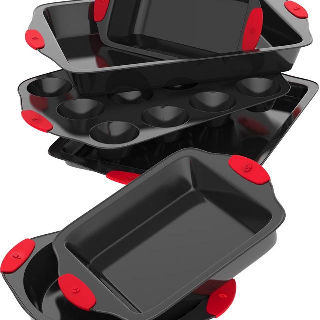 Vremi 6 Piece Nonstick Bakeware Set - Baking Sheet with Cake Loaf and Muffin Pans and Square Baking Pan - also has Large Roasting Pan - Non Stick Carbon Steel Metal Bakeware with Red Silicone Handles