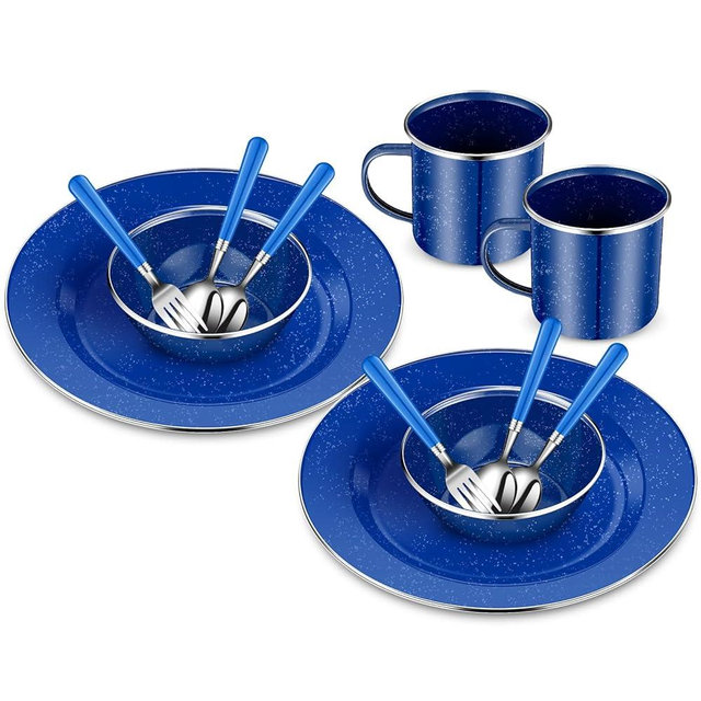 Nuogo 12 Pcs Enamel Camping Tableware Set Camping Complete Dinnerware Kit Coffee Mugs Plates Bowls Utensils Set with Knife Fork Spoon for 2 People Hiking Picnic(Blue)