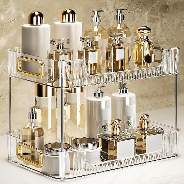 KSDSOAM 2 Tiers Bathroom Countertop Organizer, Cosmetics Skincare Organizer Holder for Perfume, Bathroom Organizers and Storage for Dresser Vanity Tray Sink (Clear)