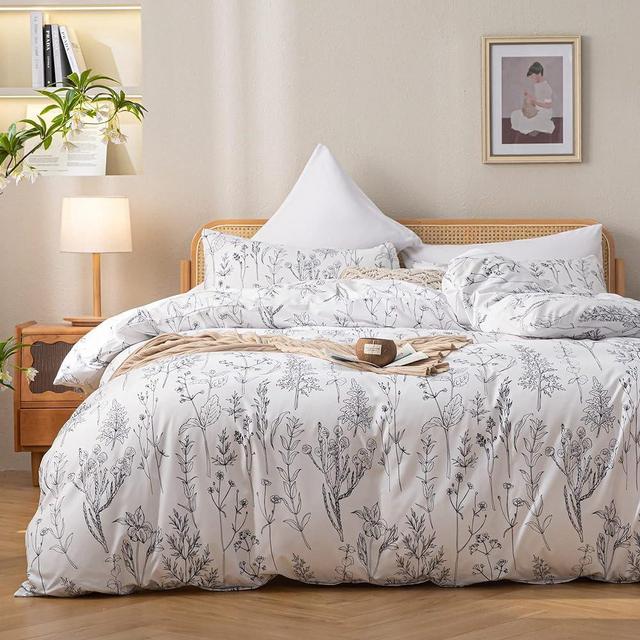 JANZAA King Size Comforter Set Bed in a Bag White Comforter Bedding Sets Floral Comforter Sets for All Season with Fitted Sheet Flat Sheet Pillow Cases and Shams 7 Piece