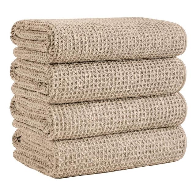 MICROFI Microfiber Waffle Bath Towels, 4 Pieces, Soft, Absorbent, Fast Drying, Lint Free (Beige)