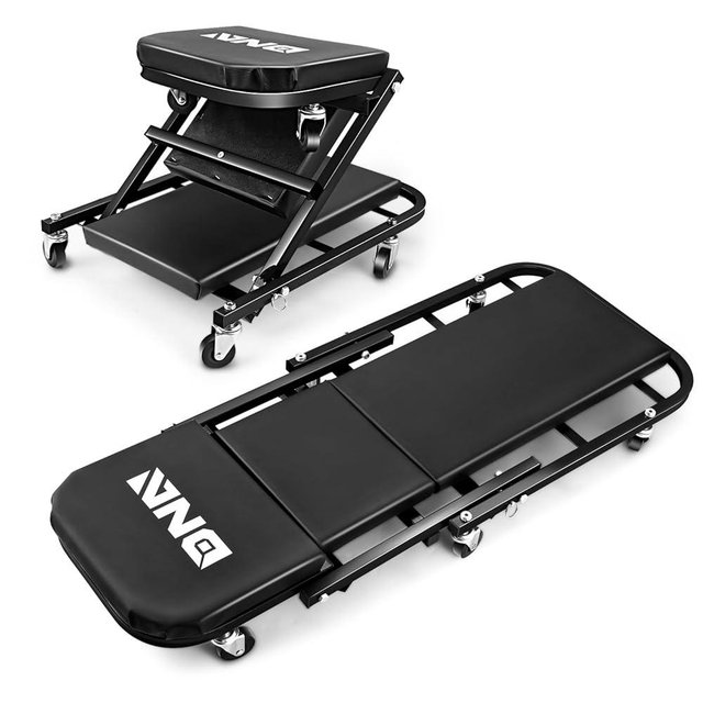 DNA Motoring 40 Inches Folding 2 in 1 Rolling Z Creeper, Adjustable Roller Garage Chair Lay Down or Sit, 6 Pcs 2" Casters, 150kg Weight Capacity, Black, TOOLS-00494