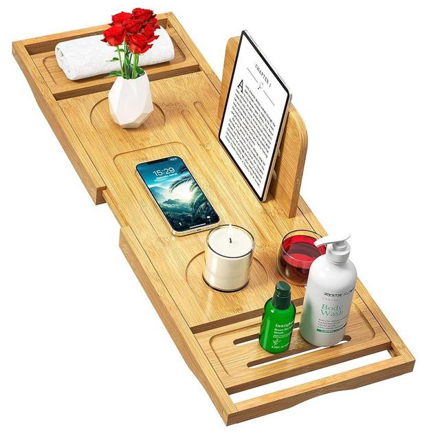 Bathtub Tray Caddy - Bath Tray - Bath Tub Tray Caddy - Bamboo Bath Table Tray for Tub - Expandable Size, Fits Most Tubs