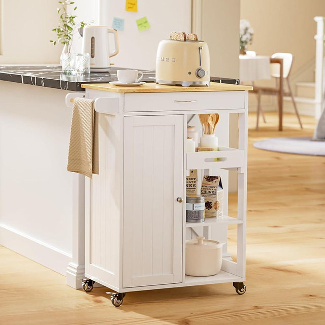 Gizoon Kitchen Island Cart with Removable Tray, 27.6''W Rolling Utility Trolley Cart with Drawer, Cabinet, Towel Rack, Hooks and 3 Open Storage Shelves, Mobile Storage Cart for Dining Room, Bar, White