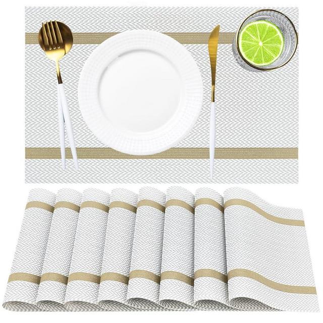 Beige Placemats Set of 8 - Heat Resistant Non-Slip Place mats for Dining Table, Washable Durable PVC Vinyl Woven Table Mats (Beige)