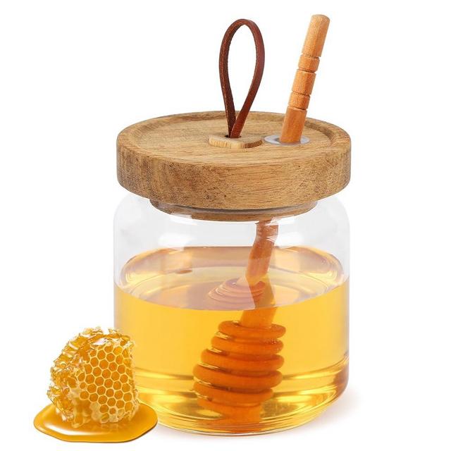 Cauyaoa Honey Jars with Dipper, 17 oz Airtight Glass Honey Dispenser with Acacia Lid Cover for Storing Honey and Syrup,Home Kitchen Gifts for Women, Moms, and Friends