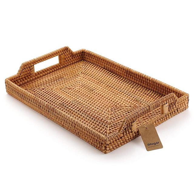 Rattan Serving Tray with Handles for Breakfast Bed Bar Dinner Parties Rectangle 14.5x10.2''