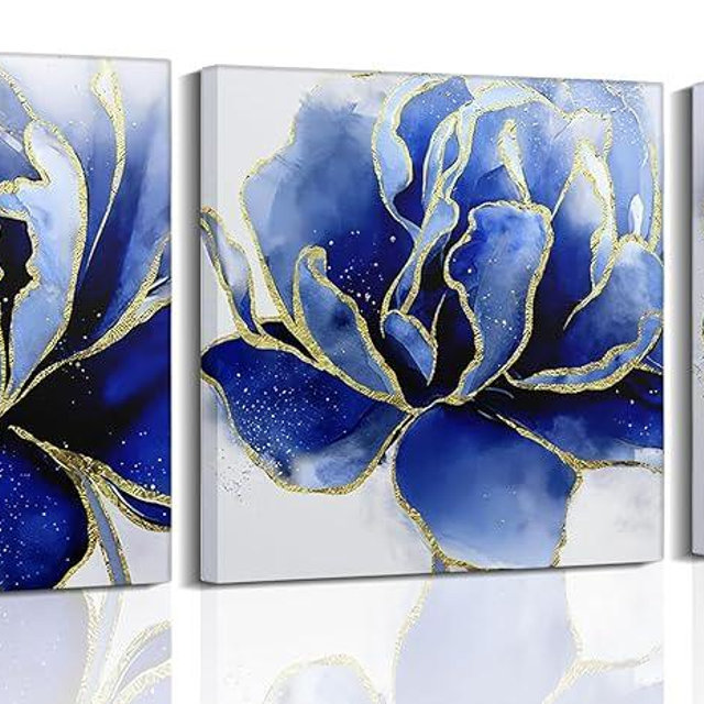 3Pcs Blue Gold Abstract Flowers Canvas Wall Art Modern Navy Blue and Gold Botanical Flower Painting Picture Wall Decor luxury Elegant Aesthetics Poster Print Artwork for Living Room Decoration