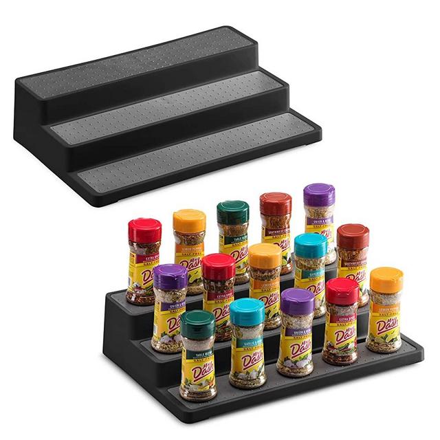 2 Pack Non Skid 3 Tier Spice Rack Organizer for Cabinet, 14.5 Inch Modern Pantry Kitchen Countertop Stand 3 Step Shelf Black