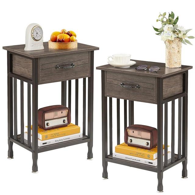 VECELO Nightstands Set of 2, Industrial Side/End Tables with Drawer and Storage Shelf, Night Stands for Bedroom, Living Room, Wood Metal Furniture, Easy Assembly, 2 Pack, Grey