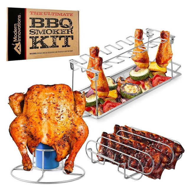 Modern Innovations Grill Racks, Chicken Leg Rack Drumstick Holder, Beer Can Chicken Holder Butt Stand, BBQ Smoke Rib Rack, Smoker Accessories Gifts for Men, Smoking and Grilling Gift Set