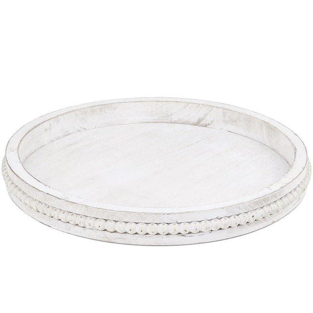 Lnofemin Round Wood Serving Tray with Beads, White Washed Wooden Decorative Tray for Entertaining, Decoration, and Gifting