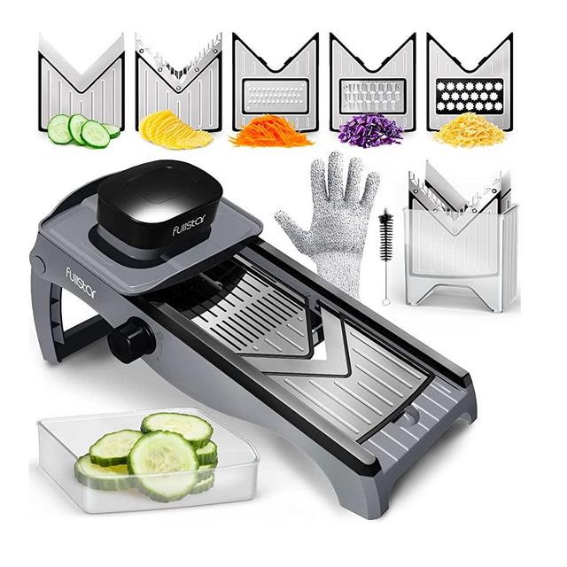 Fullstar 7-in-1 Stainless Steel Mandoline Slicer for Kitchen, Vegetable Slicer, Veggie Chopper & Cheese Grater, Meal Prep Food Storage Container Anti-slip Base & Protective Glove Included