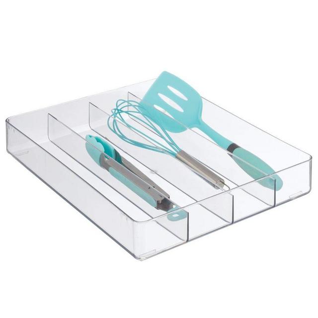 mDesign Plastic Kitchen Cabinet Drawer Storage Organizer Tray - for Storing Organizing Cutlery, Spoons, Cooking Utensils, Gadgets - 4 Divided Compartments - Clear