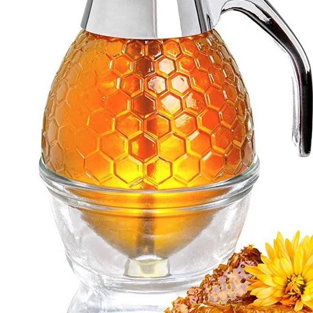 Hunnibi Honey Dispenser No Drip Glass with Stainless Steel Top - Syrup Dispenser Glass - Beautiful Honey Pot - Honey Jar with Stand