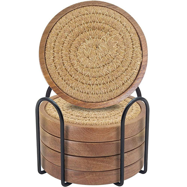 Eykao Coasters for Drinks Absorbent Sets of 5, Woven Coasters with Holder, Wood Coasters for Coffee Table, Housewarming Gift for Farmhouse Home Decor, 4 inches