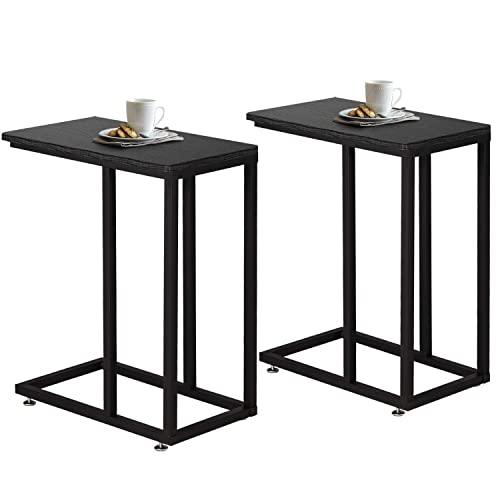 VECELO C Shaped Sofa Side, Mobile End Living Room, Snack Table for Coffee Laptop Accent Furniture with Metal Frame and Storage Shelf Tray, Set of 2 (Black)