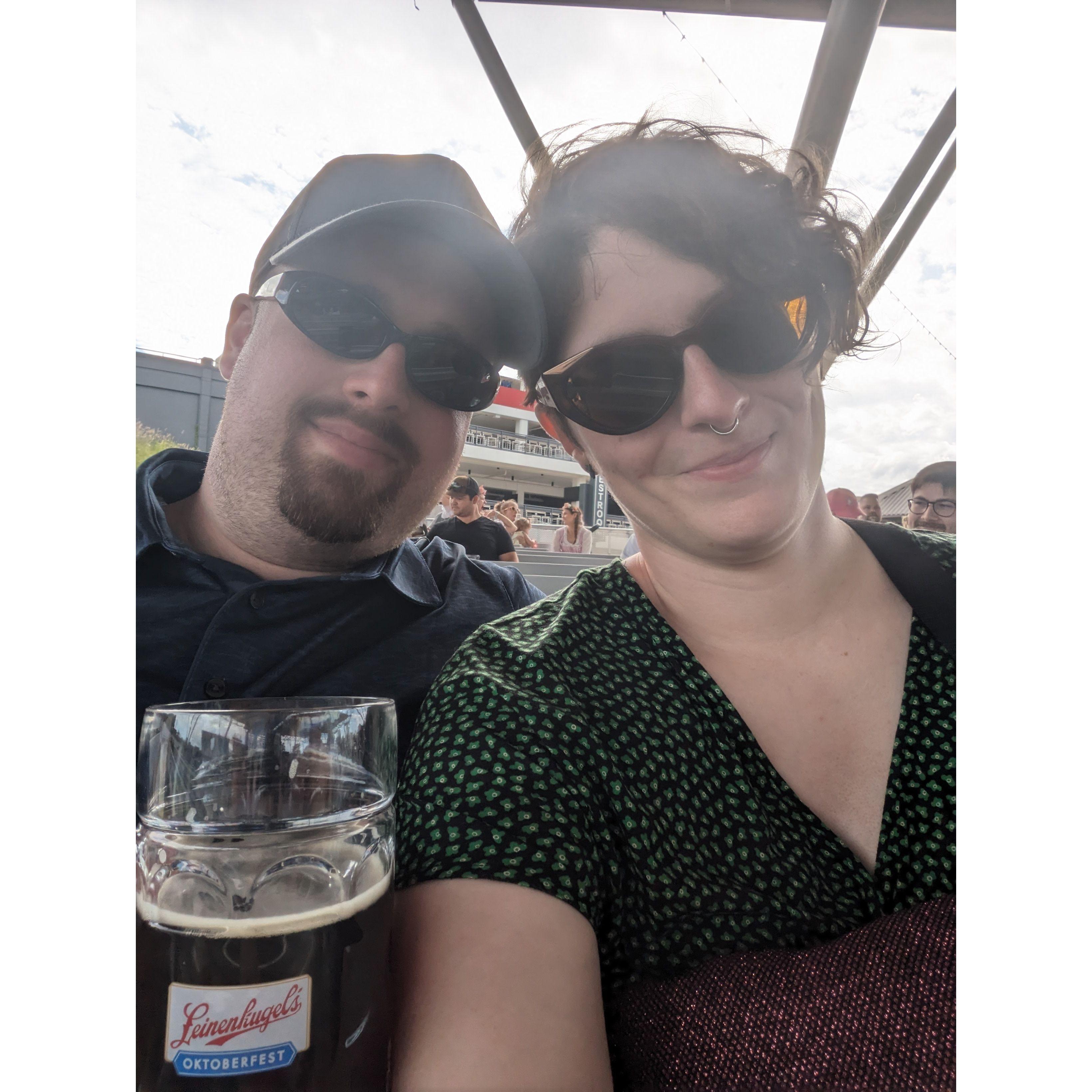 Watching a wood competition at German Fest.