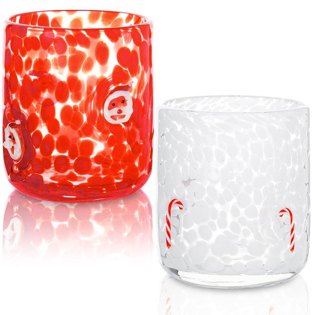 2 Pcs Christmas Icon Glass Cups Set-14 oz Santa Claus and Candy Canes Icon Wine Glasses Double Old Fashioned Icon Hand blown Cocktail Glasses Drinking Cups for Holiday Party Supplies and Lovely Gift