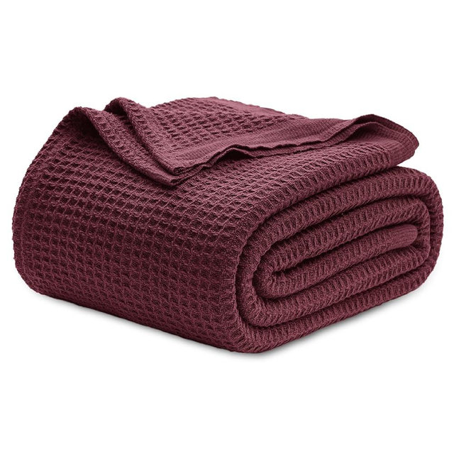 Bedsure Gentlesoft 100% Cotton Blanket Queen Size for Bed - Breathable and Soft, Thick Cozy Waffle Weave Christmas Blanket Gift for Women, Burgundy, 90x90 Inches
