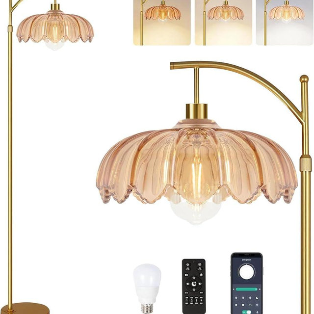 ILLMTW Gold Floor Lamp for Living Room,Bedroom,Mid Century Modern Standing Lamp with Remote,Dimmable Brass Tall Lamp Amber Glass Vintage Retro Arc Floor Lamps Flower Floor Light Boho Bohemian