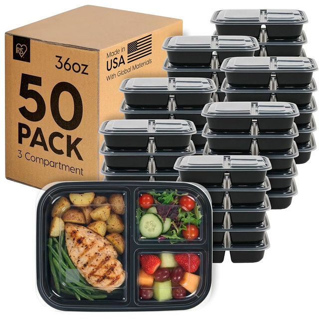 IRIS USA Meal Prep Containers, 36oz - 50 Pack (100-Piece) 3-Compartment Reusable Food Storage Containers with Lids, Plastic Kitchen Food Prep To Go Lunch Box, Microwave Freezer Dishwasher Safe, Black