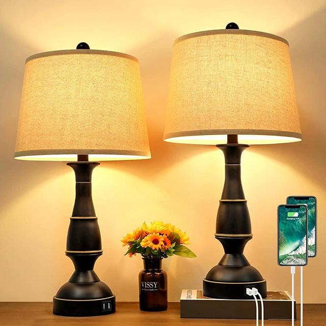 Set of 2 Touch Control 3-Way Dimmable Table Lamps Farmhouse Traditional Bedside Lamps with 2 USB Ports Nightstand Desk Lamps with Fabric Shade for Bedroom Living Room Guest Room, Cream, Bulbs Included