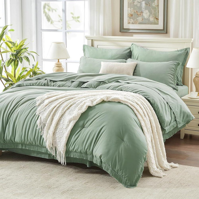 Andency Queen Comforter Set with Sheets Sage Green -7 Pieces Boho Tassel Bed in a Bag Soft Lightweight Bedding Sets, All Season Fringe Bed Set with Comforter, Sheets, Pillowcases & Shams