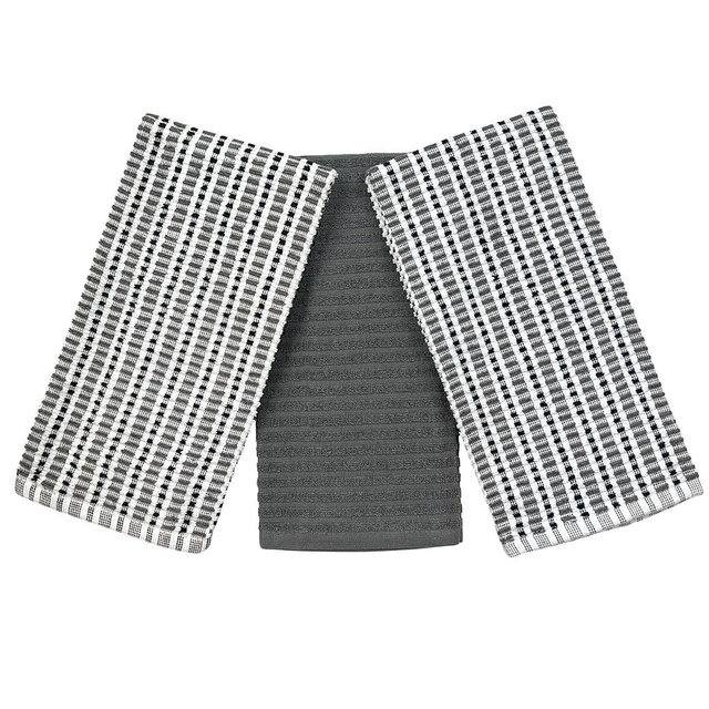 Thanksgiving Kitchen Towels- Set of 3 100% Cotton Solid Dark Gray and Checkerboard Grid Pattern Design- 28 x 18 Multipurpose Towels for Everyday Use