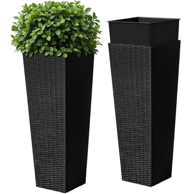 Devoko Resin Tall Planters for Outdoor Plants Set of 2, Large Taper Outdoor Planter Pots with 4 Drainage Holes, Flower Pots Modern Decor for Porch, Patio, Backyard, Home Garden (Black, 32")