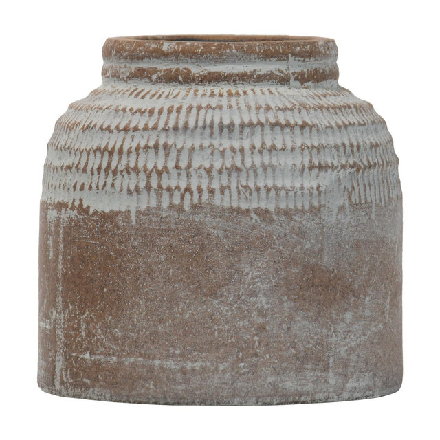 Small Antique Brown Glazed Terracotta Planter Pot with Whitewashed Finish - Foreside Home & Garden