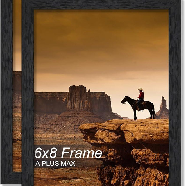 A PLUS MAX 6x8 Picture Frame Set of 2, Black Engineered Wood Frame for 6 x 8 Inch Picture Poster Photo, Light Weight 6 by 8 Frame with Wood-grain for Wall - 2 Pack/Black/6"x8"