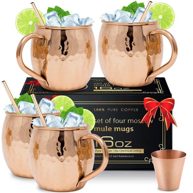 Moscow Mule Mugs | Copper Mugs Set of 4 | Moscow Mule Copper Cups Set of 4 with 4 Copper Straws, 1 Copper Shot Glass, Gift Box | Pure Hammered Copper Mule Mugs