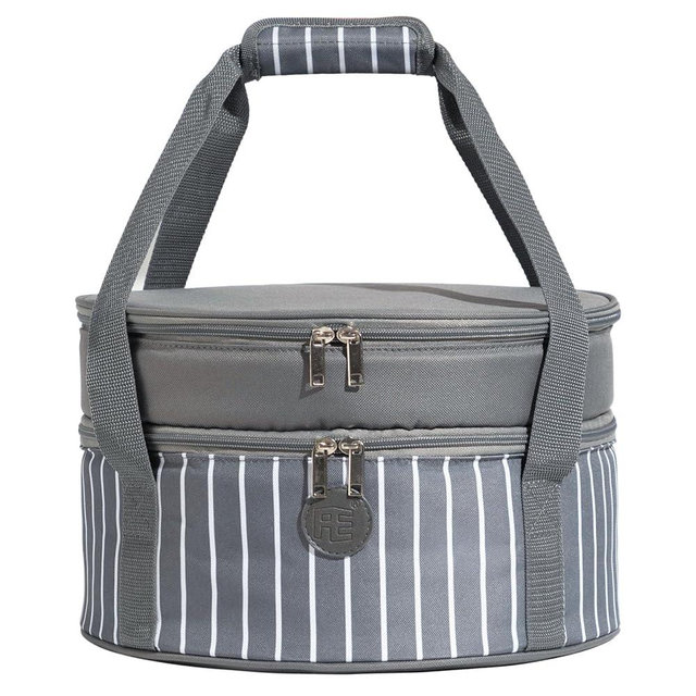 Fun Elements Pie Carrier, Insulated Casserole Carrier for Hot or Cold Food, 12.5 Inch Pie Carrier with Lid and Handle, Round Food Container for Transport, Grey