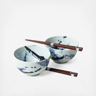 Blue Sumi Rice Bowl with Chopsticks, Set of 2
