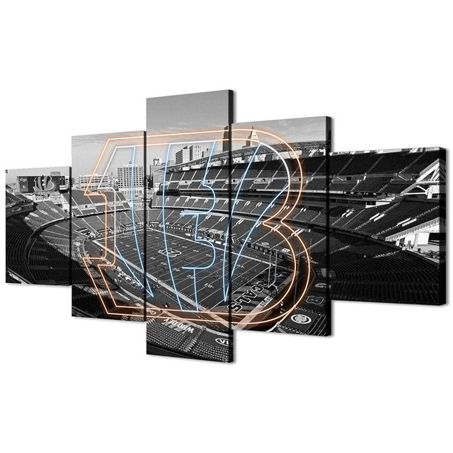 (60X100CM/5PCS) Frame Canvas Print Poster - American football Cincinnati Field Stadium with Neon Bengals badge - Original Black and White Sports Wall Art for Home and Office Decor