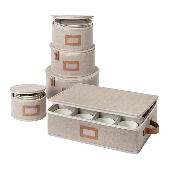 StorageWorks China Storage Containers, Hard Shell Storage Boxes for Plates, Mugs, Stemware Storage Cases, Holds up to 12 Place Settings, Foldable and Stackable Organizers, 5 Pack, Brown and Beige