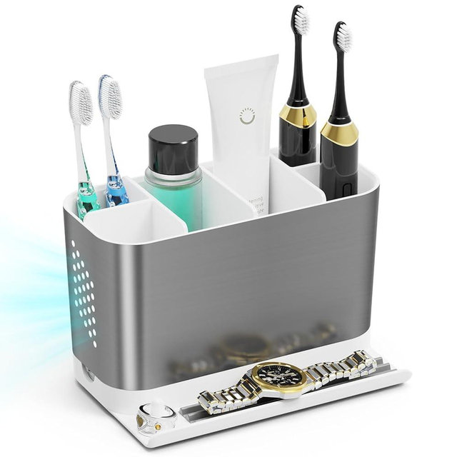 Bathroom Countertop Organizer with Front Ledge for Phone, Detachable Kids Toothbrush Holders with Cord Slots and Ring Holder, 6 Slots Toothbrush Toothpaste Holder with Drainage for Family