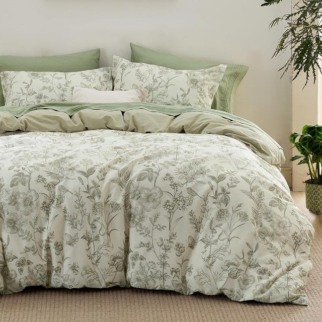 Bedsure Duvet Cover Queen Size - 100% Cotton Reversible Floral Queen Duvet Cover Set with Zipper Closure, 3 Pieces Soft & Breathable Botanical Green Bedding Set with 2 Pillow Shams 20"x26"