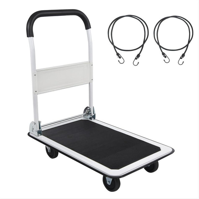 LEADALLWAY Foldable Push Cart Platform Cart 330lbs Capacity 4 Wheels 28.7x18.5x32.3inches White with 2 Ropes Small Flatbed Cart