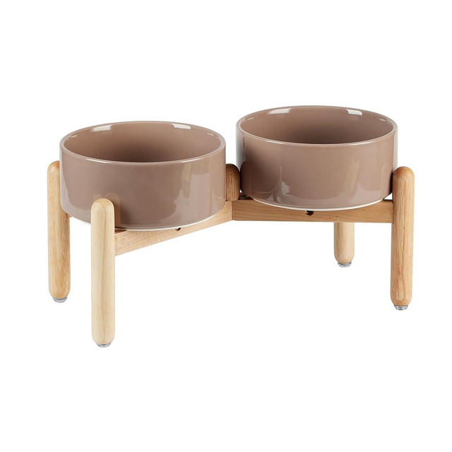 Havniva 7.3'' Ceramic Raised Double Bowls Set with Wooden Stand, Food & Water Bowls for Medium Breed Dogs, Weighted Dog Dishes, Pet Bowl(41OZ, Brown Coffee)