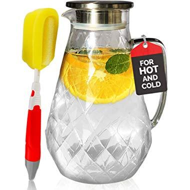 Glass Water Pitcher with Diamond Pattern and TIGHT Lid 72 ounces, THICKER Heat Resistant Borosilicate Glass Carafe with FREE Brush (in Christmas Ready Packaging) by Pykal