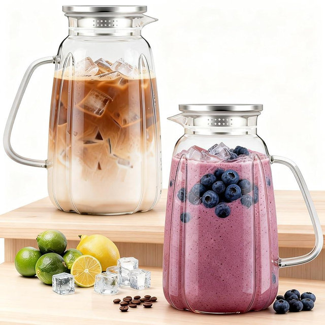 2 Pack Glass Pitcher with Lid and Handle for Fridge, Iced Tea and Coffee Carafe Beverage Serveware, 2 Liters/68 oz Heat Resistant Borosilicate Water Jug for Hot/Cold Drinks