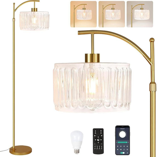 ILLMTW Glass Floor Lamp for Living Room,Bedroom,Gold Dimmable Standing Lamp with Remote,Brass White Tall Lamp Boho Mid Century Modern Floor Lamps Arc Floor Light Lamp Bohemian