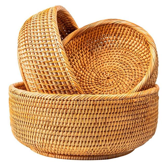 Wicker Bread Baskets For Fruit Vegetable Bowl Food Storage Organizing Kitchen Counter Desk Countertop Small To Large Natural Rattan Round Basket Serving Bowls Chips Set of 3 (Honey Brown)