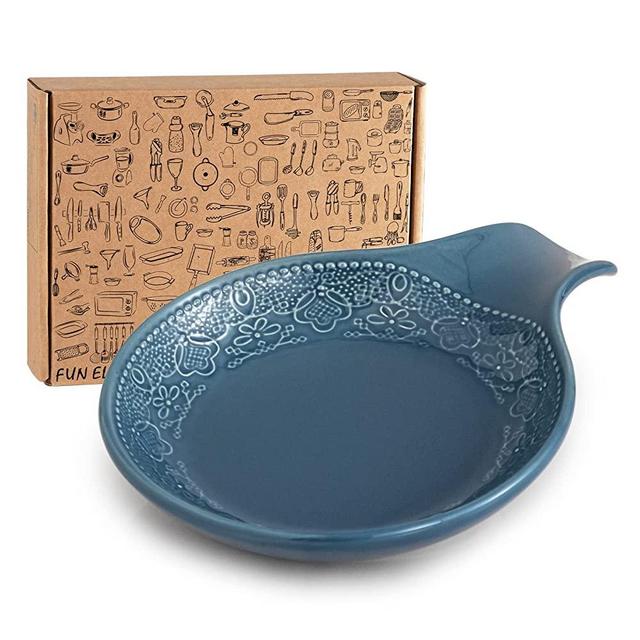 FUN ELEMENTS Spoon Rest, Lace Emboss Kitchen Spoon Holder for Stove Top, Ceramic Spoon Rest for Kitchen Counter, Best Gift Idea for Thanksgiving, Christmas and House Warming, Grayish Blue