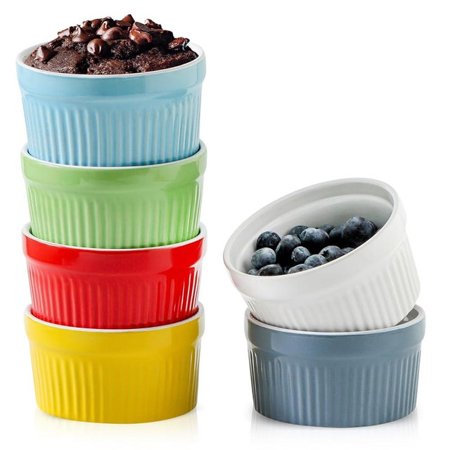 Hasense Ramekins Oven Safe, 8 oz Ramekins for Baking Souffle Set of 6, Ceramic Dipping Sauce Cups for Pudding, Ice Cream, Custard, Dessert Bowls Porcelain, Dishwasher Safe, Multi color