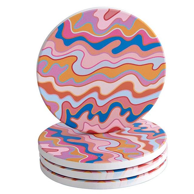 RoomTalks Retro Groovy Colorful Coasters for Drink Absorbent 4pcs, Psychedelic Stripe Abstract Art Ceramic Coaster Set for Wooden Coffee Table with Cork Base, Tabletop Protection, Housewarming Gift