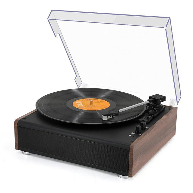 Vinyl Record Player Bluetooth Wireless Turntable with Built-in Speakers and 3 Speed Belt-Driven Vintage Phonograph Record Player with Magnetic Cartridge, RCA Out, Aux in, Headphone Jack (Brown)
